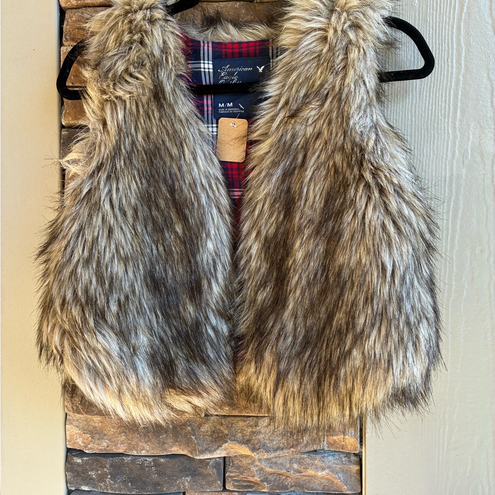 American Eagle Outfitters Plaid and Faux Fur Vest